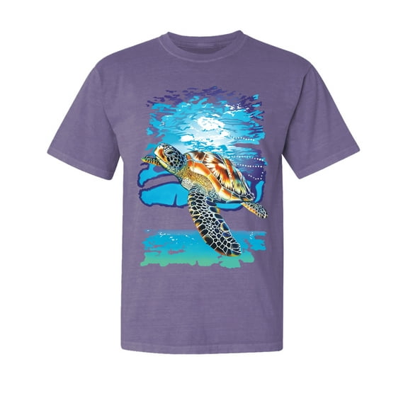 Wild Bobby, Swimming Sea Turtle, Garment-Dyed Washed Look Short Sleeve Tees, Purple, Large