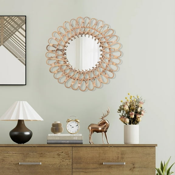 Nordic Rattan Wall Mirror with 15.75" Diameter, 7.87" Round Mirror, Lightweight and Easy Wall-Mounted Decor for Home