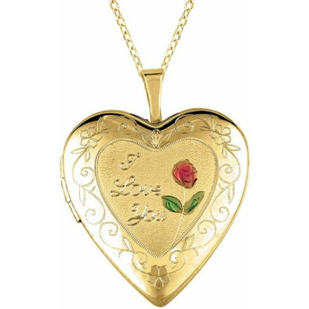 Yellow Gold-Plated Sterling Silver Heart-Shaped with I Love you and Rose Locket