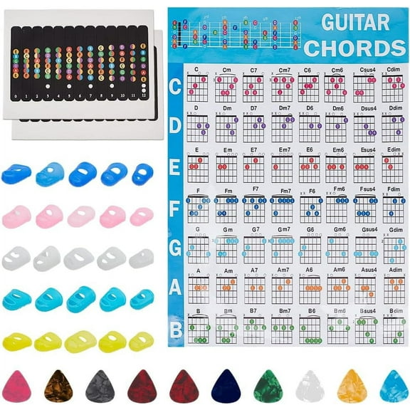 Guitar Learning Tools Set 2 Pcs Plastic Guitar Note Stickers 1 Pc Guitar Fretboard Stickers with 25 Pcs Guitar Fingertip Protector 10 Pc Plastic Guitar Pick for DIY Guitar Bass Ukulele