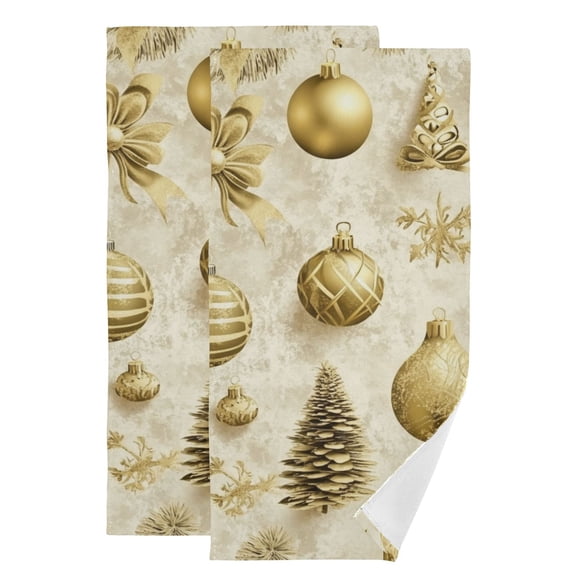Golden Christmas Elements Trees Balls Bowknots Hand Towel Absorbent Bath Towels for Bathroom Sports Gym 28" x 14" Set of 2