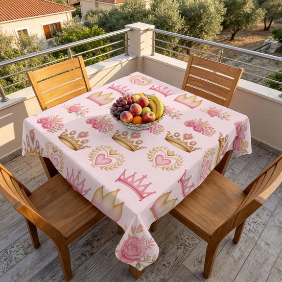 Square Tablecloth,Abstract Pink Flowers Princess Crown Waterproof Oil-Proof Table Cloth Kitchen Dining Tables Cover for Indoor Outdoor Wedding Holiday Party Decor,Rose Love Heart
