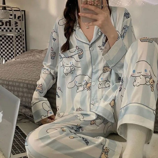Pijama Kawaii Sanrio Kuromi Cinnamoroll My Melody para mujer, traje de Casa de manga larga, transpirable, cómodo, primavera y otoño