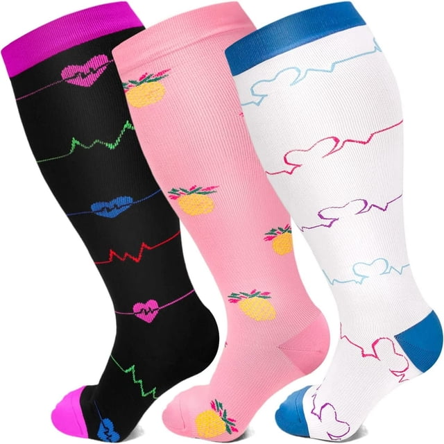 SUTENGDA 3 Pairs Plus Size Compression Socks Wide Calf for Women and Men 20-30 mmHg Extra Large for Circulation Support Recovery