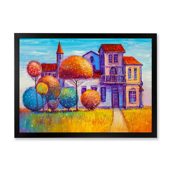 Designart 'Abstract Colorful House In The Fairy Tale VIllage' Traditional Framed Art Print