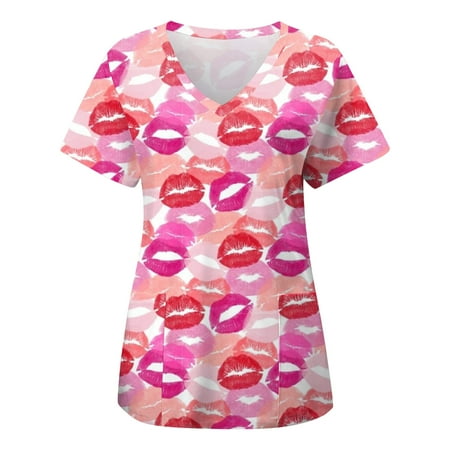 

Women Scrubs Top Working Uniform Nurses Clothing Workwear Casual Printed Short Sleeve Summer Pocket Clothes T-Shirt Top