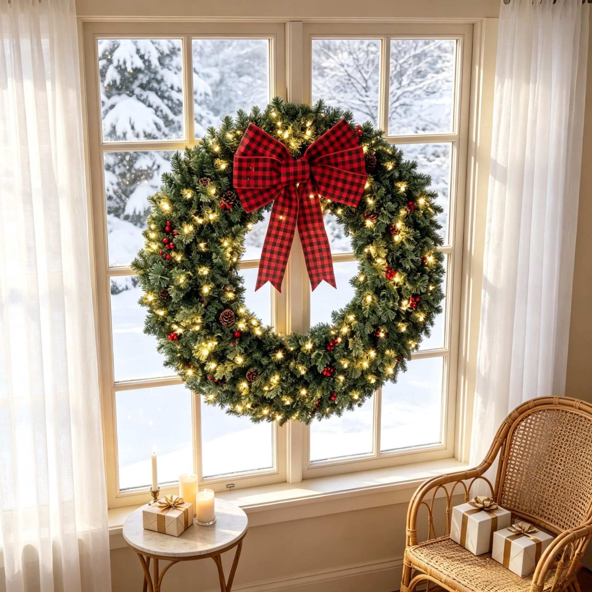 Pre-Lit Holiday Wreath with 150 Warm White LED Lights, 8 Lighting Modes, 48 in Diameter, PVC Tips and Steel Frame, Red Berries, Pinecones and Buffalo Plaid Bow for Front Door and Mantel