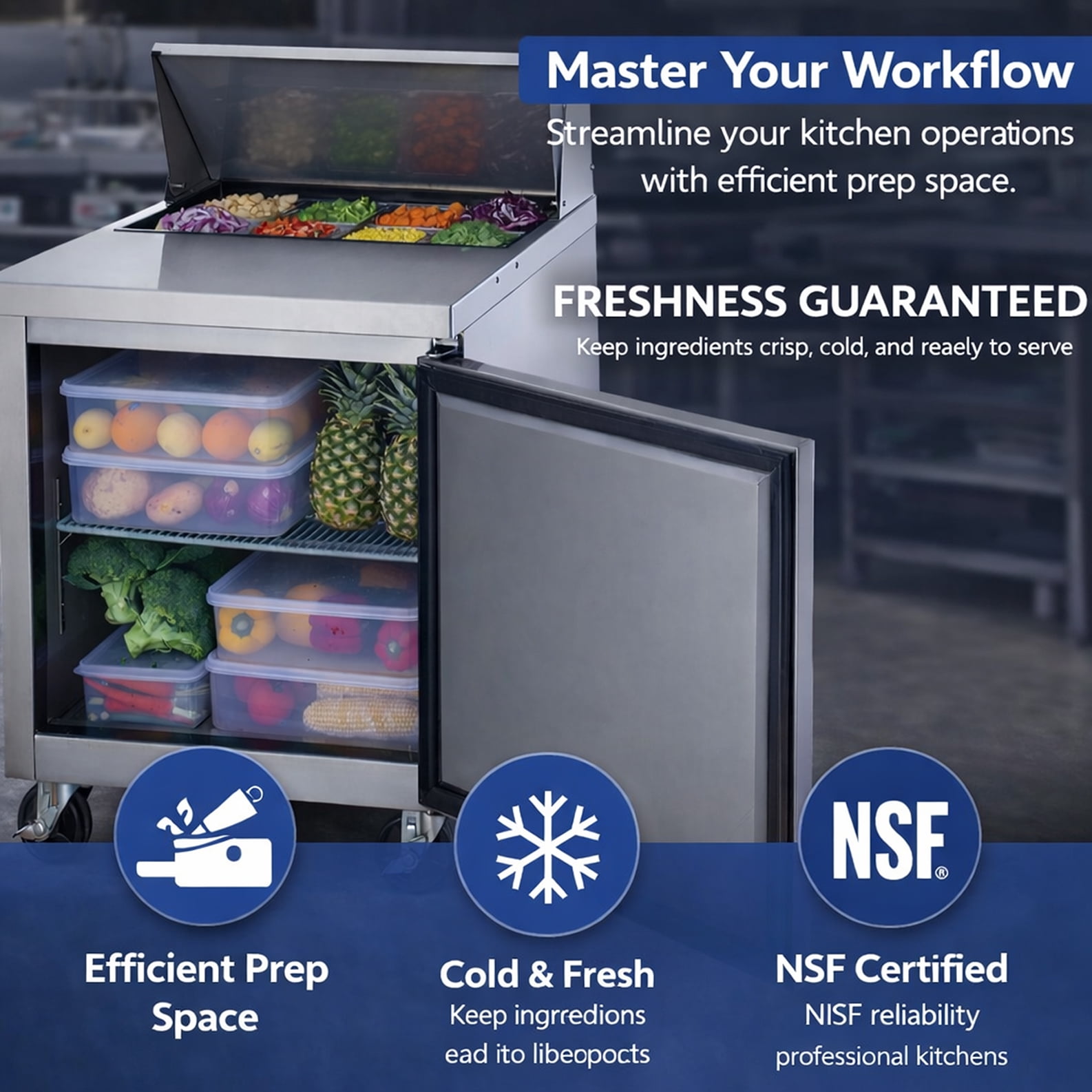 27" Commercial Stainless Steel Prep Refrigerator with Solid Lid – 6 Cu Ft, Commercial Sandwich & Salad Prep Table, R290, ETL & NSF