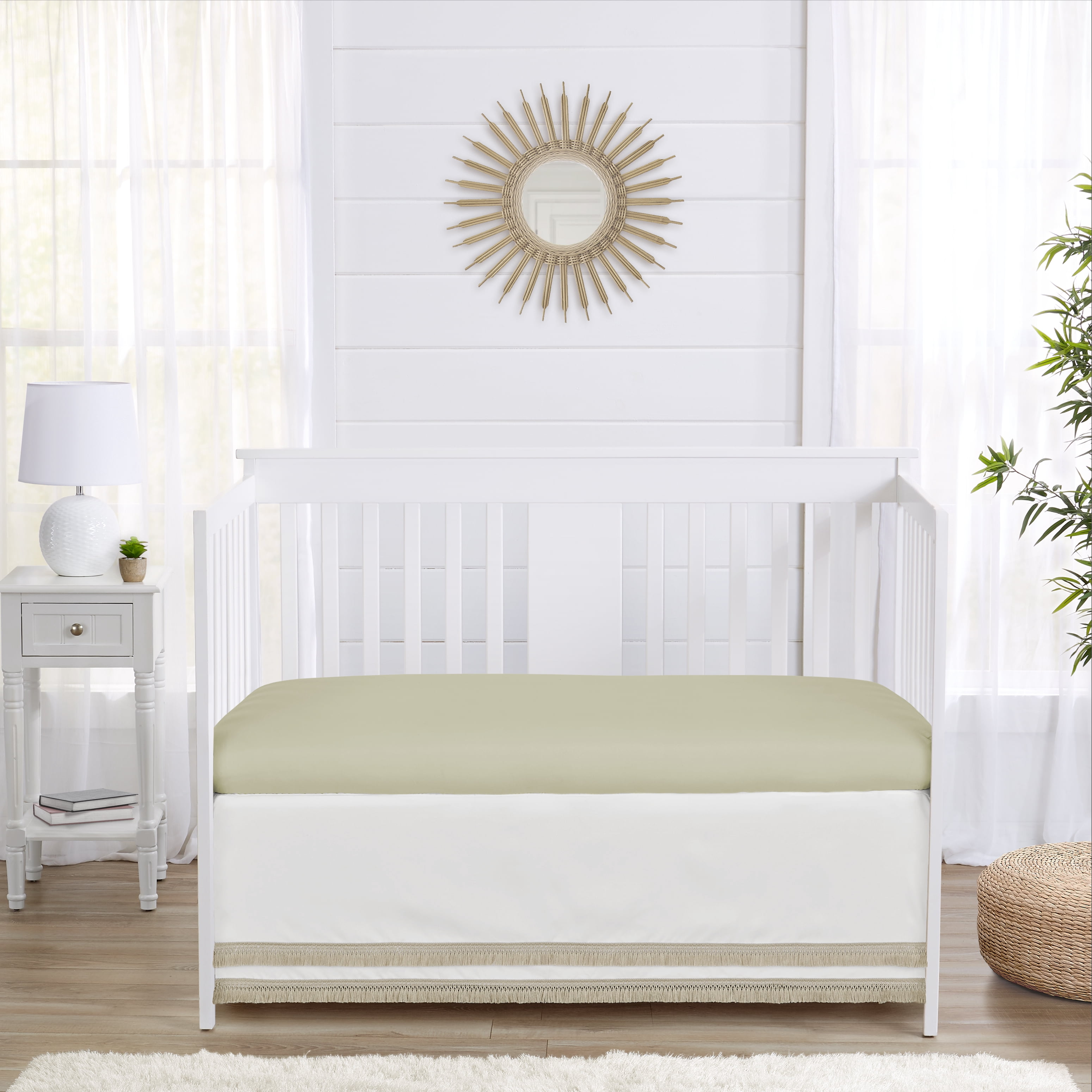 Watercolor Floral Garden Solid Ivory and Sage Green Fringe Dust Ruffle Crib Skirt Girl by Sweet Jojo Designs