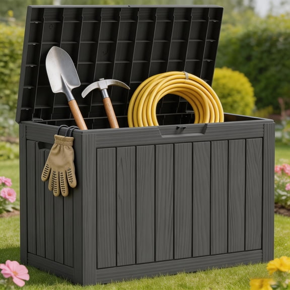 Decksplore 50 Gallon Resin Deck Box, Waterproof Lockable Outdoor Storage Box for Backyard Patio Garage, Black