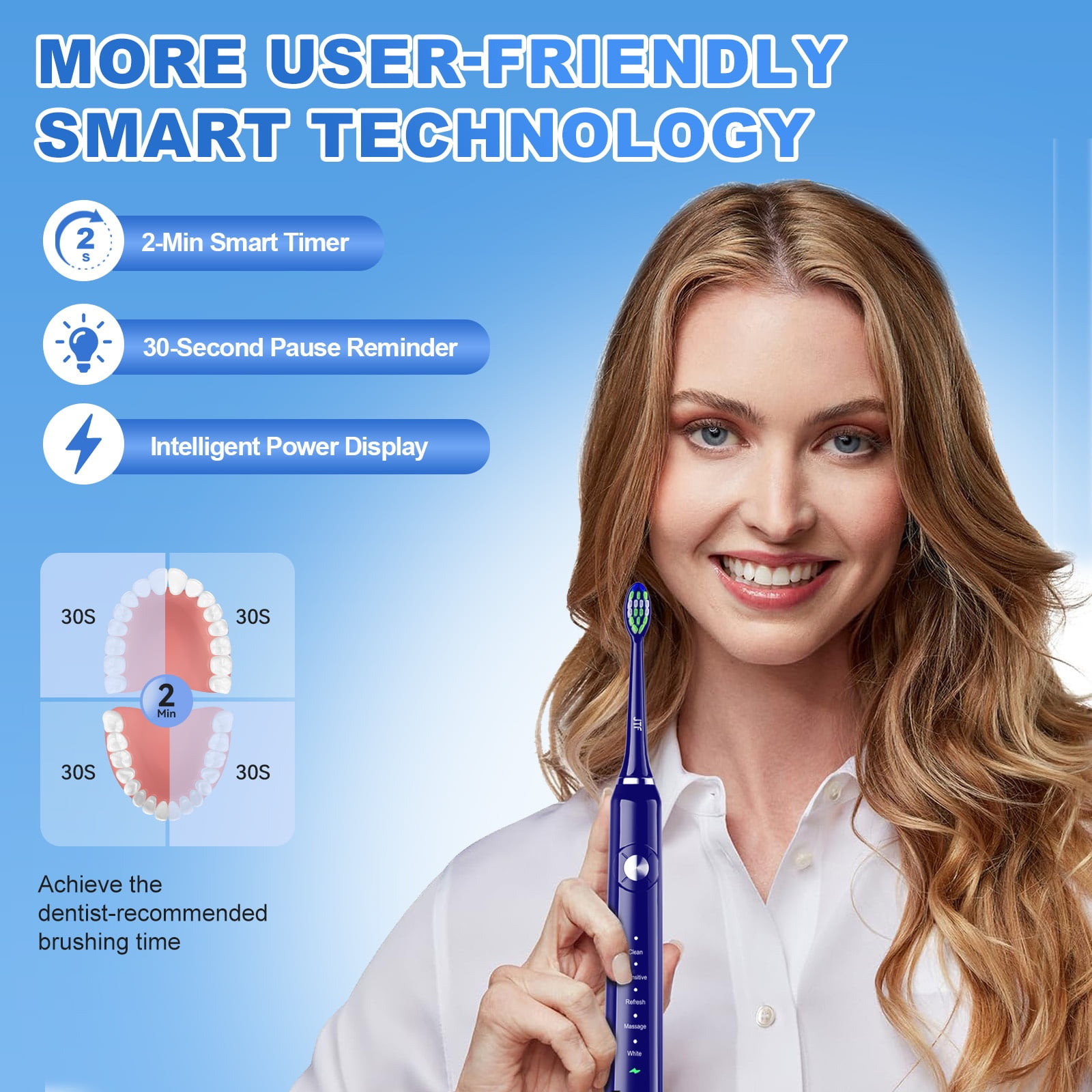 JTF Sonic Electric Toothbrush for Adults and Kids with Travel Case and 6 Brush Heads, 5 Modes 40000 VPM Rechargeable Power Toothbrush with Wireless Charger, IPX7 Waterproof 60-Day Battery Life, Blue
