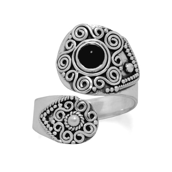 925 Sterling Silver Oxidized Black Simulated Onyx Adjustable Wrap Spoon Ring Size 6 Ring for Women