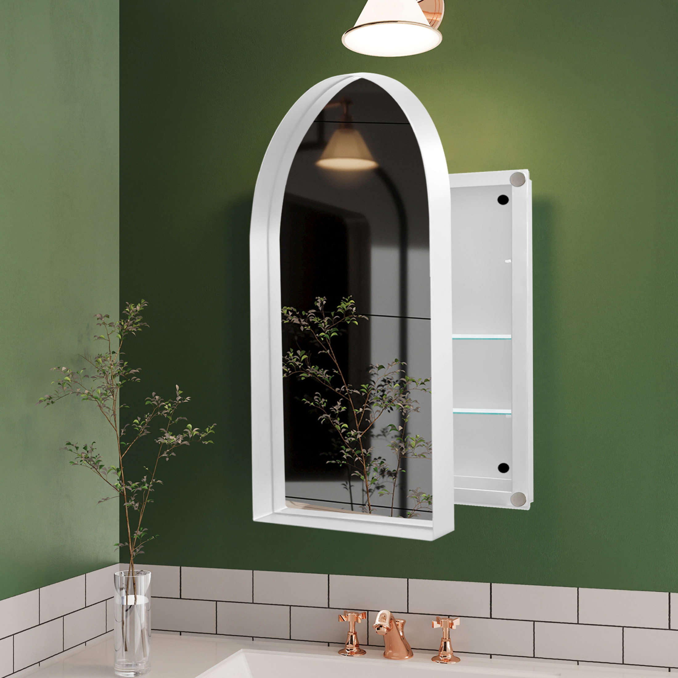 Noble House Arched Medicine Cabinet with Mirror, Recessed or Surface Mount, Adjustable Shelves, White