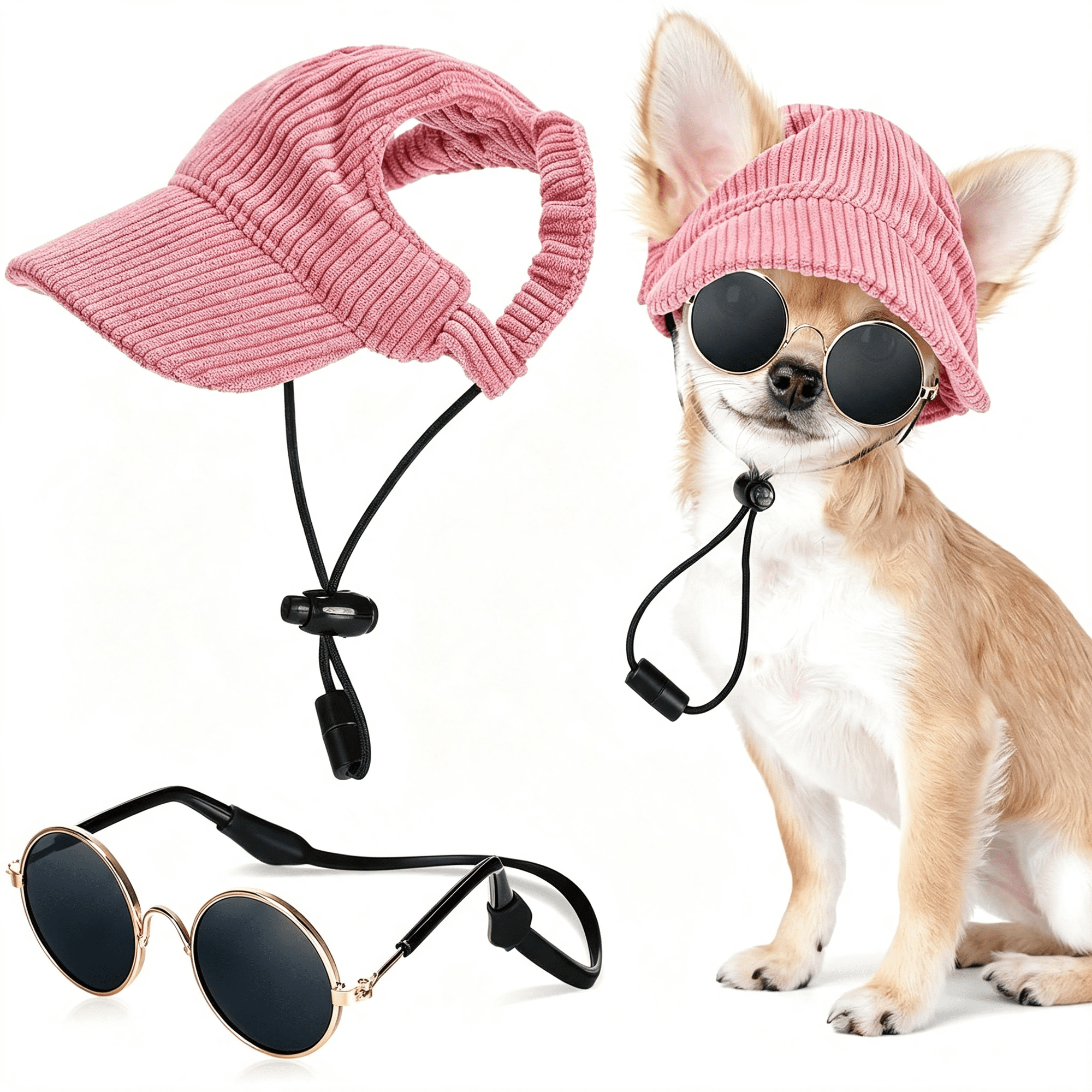 SUBAI X-Small Dog Sun Hat with Ear Holes Dog Cat Sunglasses with Anti-Slip Silicone Rope Baseball Cap Adjustable Puppy Sunbonnet Headdress Beach Visor Hat for Puppies Summer Outdoor(Pink)