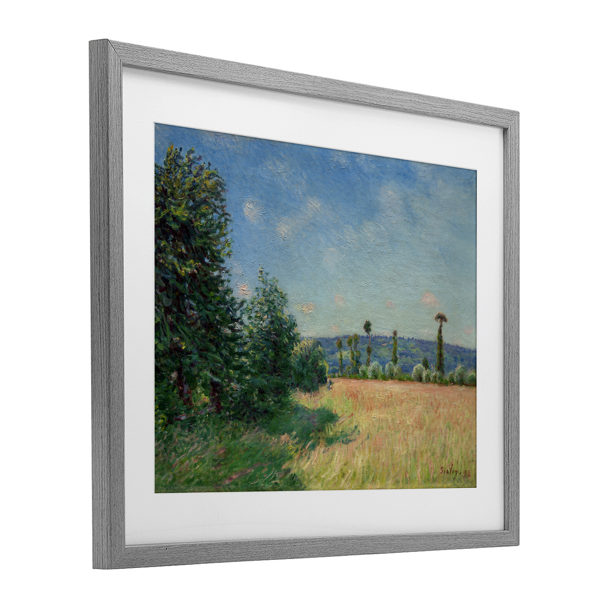 Sahurs Meadows in Morning Sun Gray Framed Print Under Glass, design by Alfred Sisley