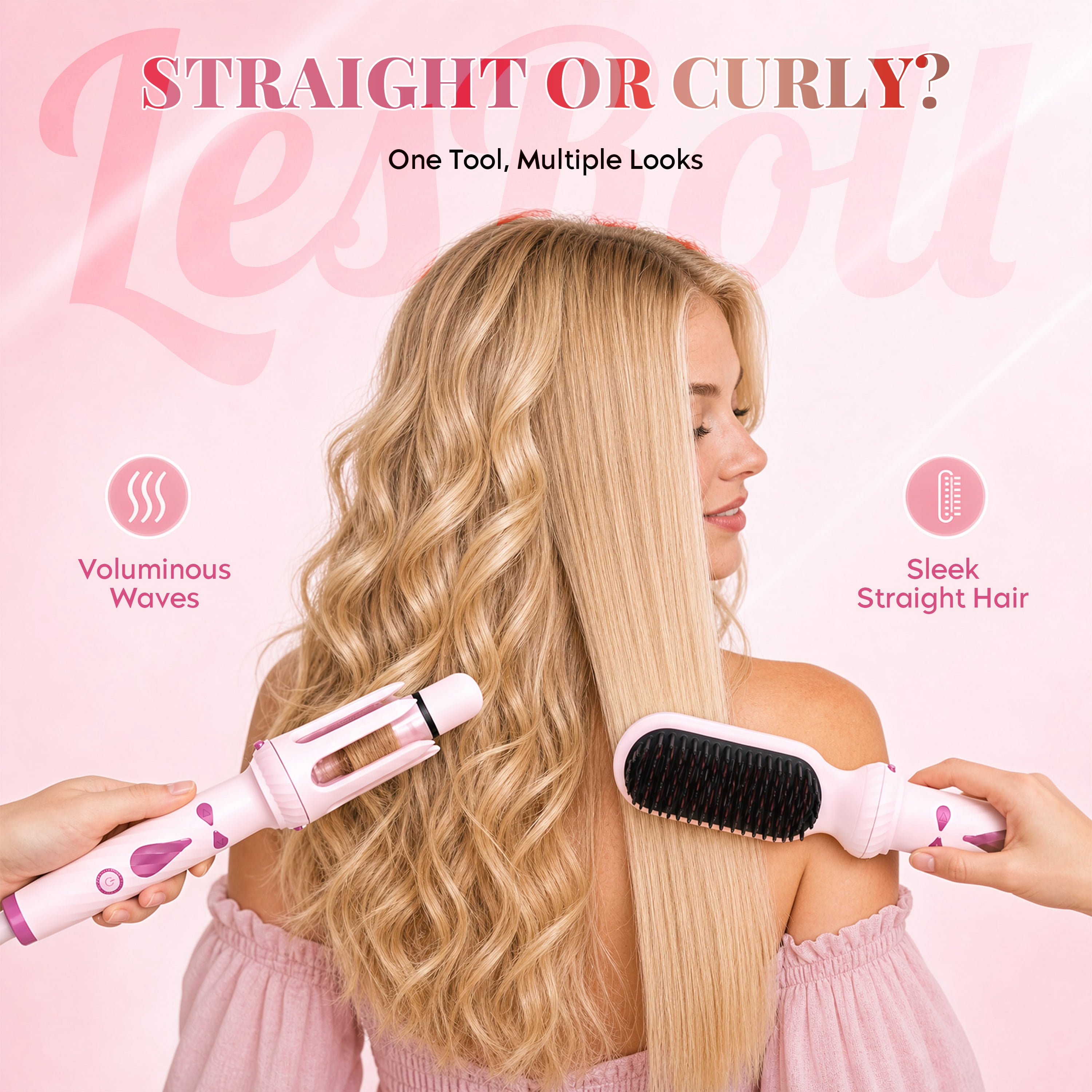 3-in-1 Curling Iron Set, Pink Blowout Waves, 1” & 1.25” Barrels with Straightener Brush for Everyday Curls & Loose Waves