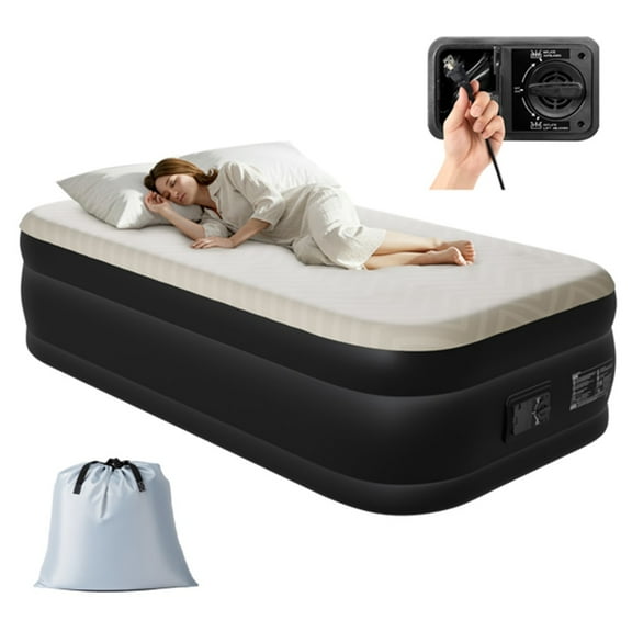 Twin Air Mattress with Built-in Pump, 18in Foam Topper Blow up Mattress, Quick Inflation/Deflation Inflatable Mattress for Home Guests Camping, Beige & Black