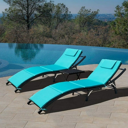 Lacoo 3 Pieces Patio Furniture Outdoor Patio Lounge Chair Adjustable Folding Lawn Poolside Chaise Lounge Chair PE Rattan Patio Seating with Folding Table and Blue Cushion