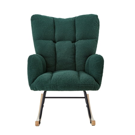 Green Tufted Teddy Fabric Glider Rocking Chair, Ergonomic High Back Arm Accent Chair with Heavy-Duty Metal Frame Max 300 Lbs, 30-Minute Fast Assembly Leisure Glider Chair for Living Room Bedroom Nurs