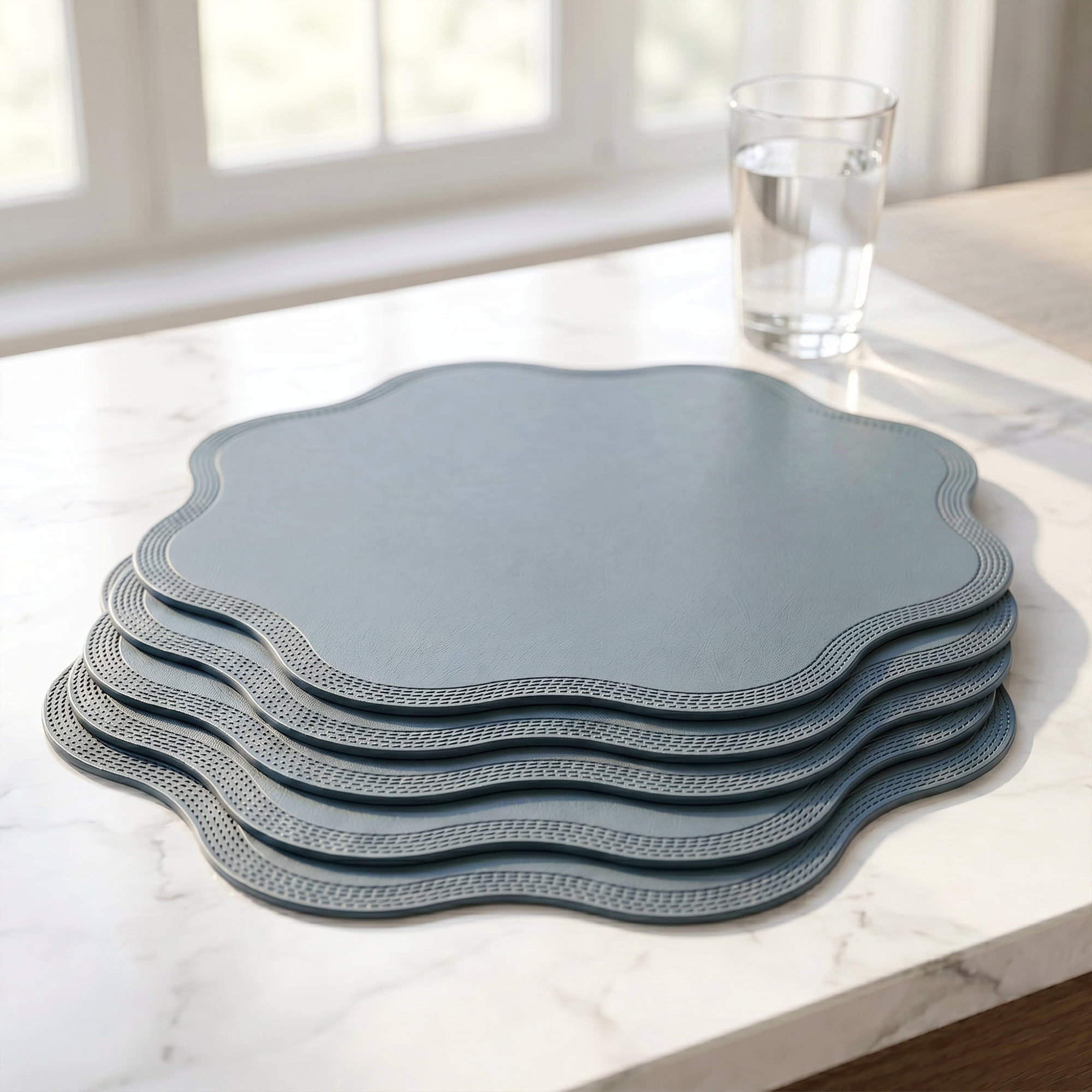 Unique Bargains Set of 6 Faux Leather Placemats for Kitchen Table Decor Blue 15"x15"