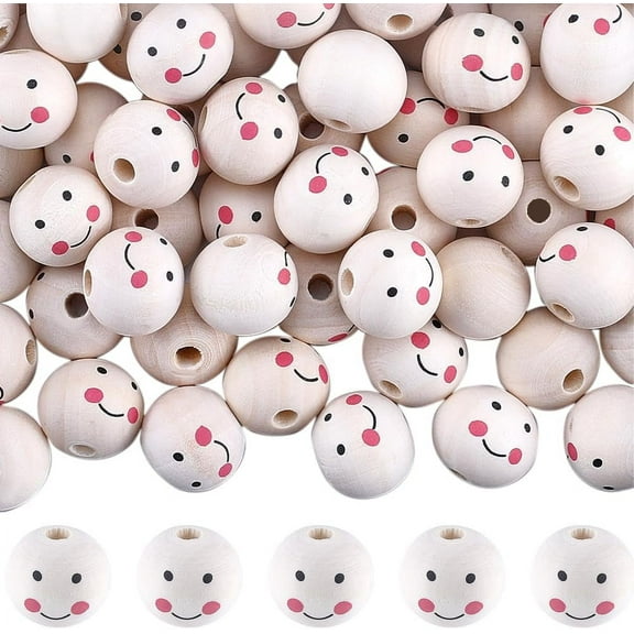 120PCS Smile Face Wood Beads 20MM Large Round Natural Wooden Spacer Loose Ball Bulk 4.5MM Hole Ball Bead Smiling Face Doll Head Beads for Jewelry Making Christmas Garland DIY Craft Project