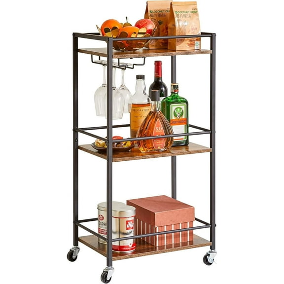 Home Bar Serving Cart,Small Bar Cart with 3-Tier, Mobile Drink Shelf with Wine Holders and Glass Holders,Mini Bar for Outdoor, Small Space, Kitchen Rustic Brown TMJ519H