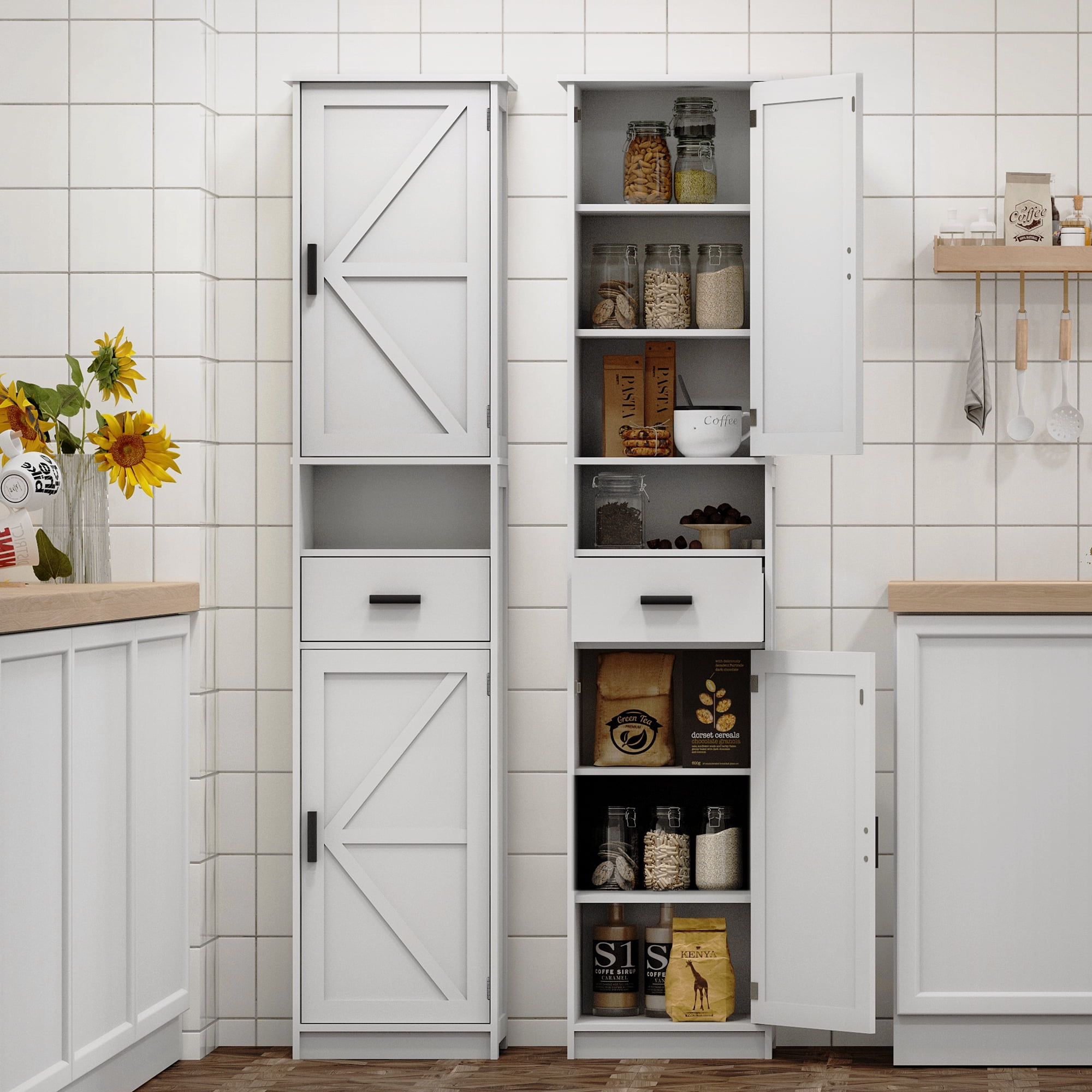Leumius 69" H Tall Bathroom Storage Cabinet with Adjustable Shelve & 1 Drawer, Narrow Floor Storage Cabinet for Bathroom, Living Room, Entryway, Kitchen, White