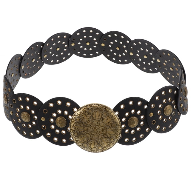 Cinturón de disco hueco ancho estilo bohemio occidental, cinturón de cuero estilo vintage con hebilla de metal, accesorio de moda inspirado en vaqueros para mujer