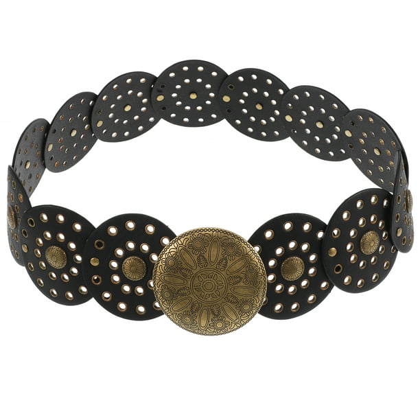 Cinturón de disco hueco ancho estilo bohemio occidental, cinturón de cuero estilo vintage con hebilla de metal, accesorio de moda inspirado en vaqueros para mujer