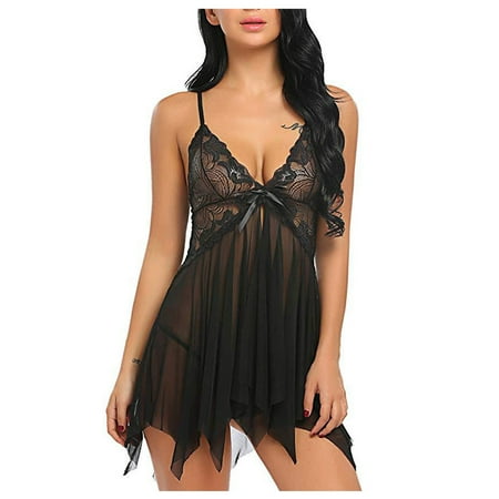 Atogsazn Women Lingerie V Neck Nightwear Satin Sleepwear Lace Chemise Mesh Nightwear Chemise Nightie B-Black M on Clearance