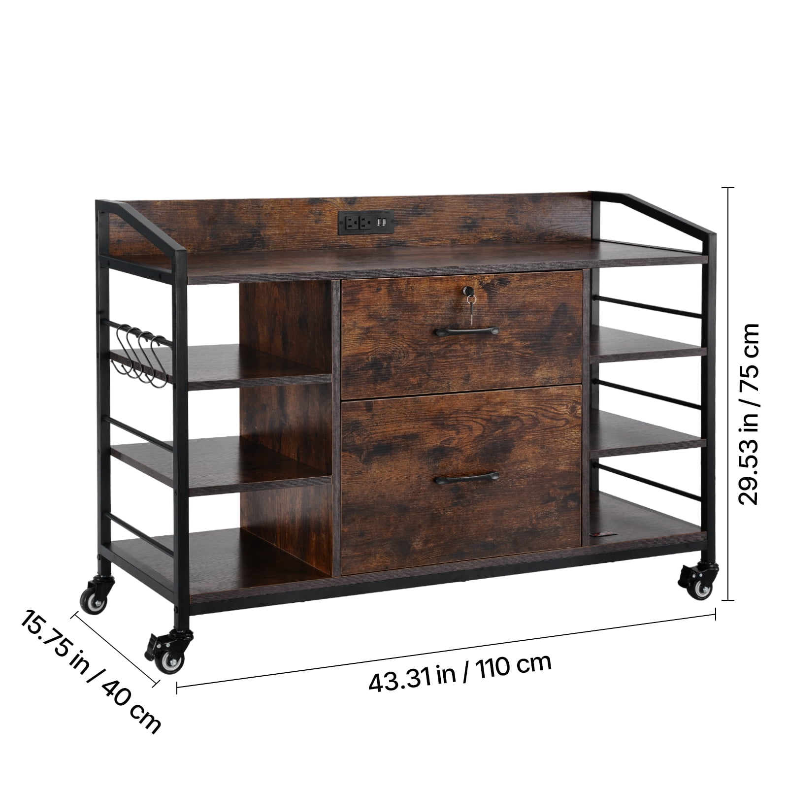 KFFKFF 2-Drawer Metal File Cabinet with Lock, Lateral Filing Cabinet Featuring 6 Open Shelves, Wooden Storage Unit with Power Strip for Letter, A4, and Legal Size Files, Easy to Assemble, Brown
