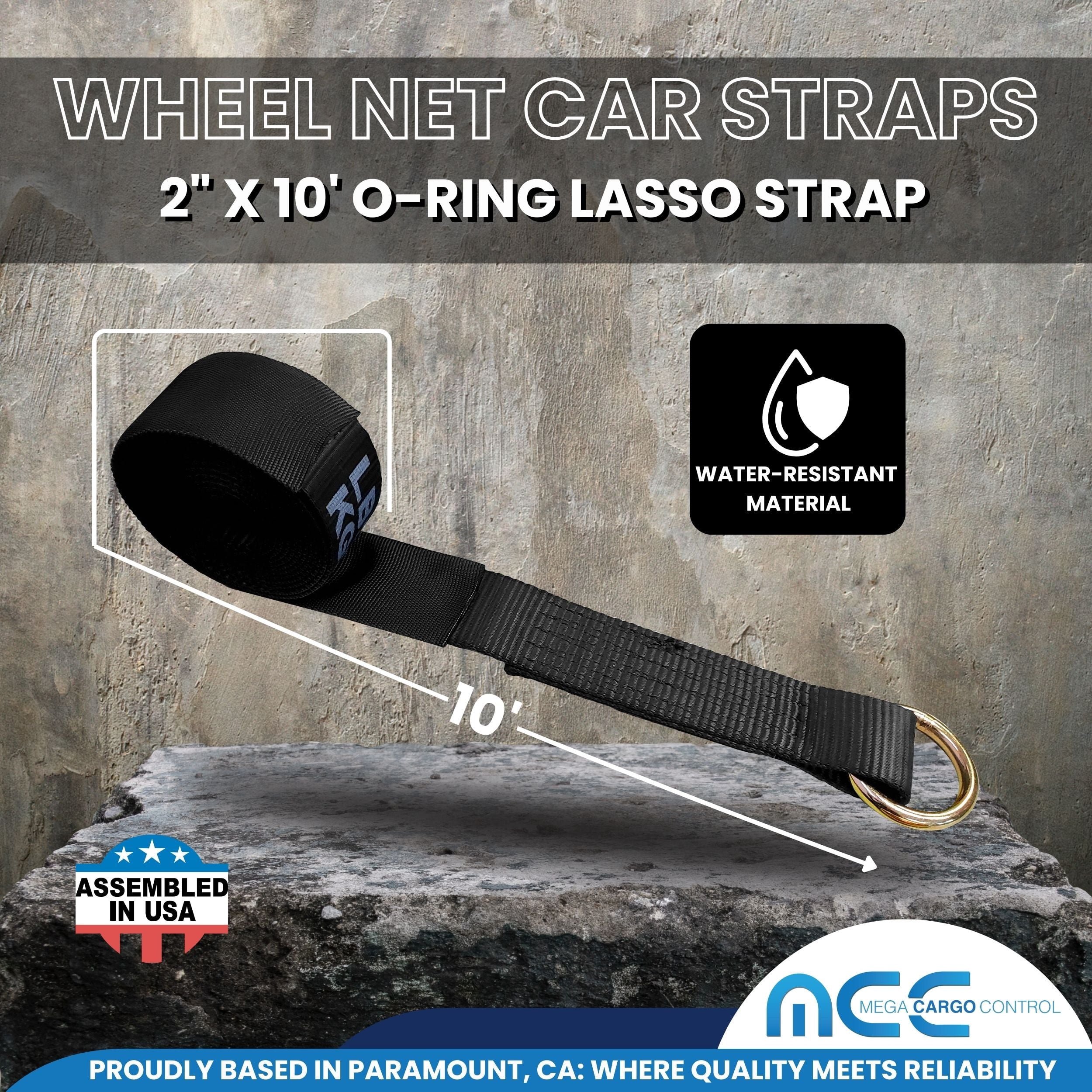 Mega Cargo Control Side Mount Wheel Net Straps with Swivel J Hook Ratchet Buckles, 2" x 10' O-Ring Lasso Strap, 4 Pack, Black