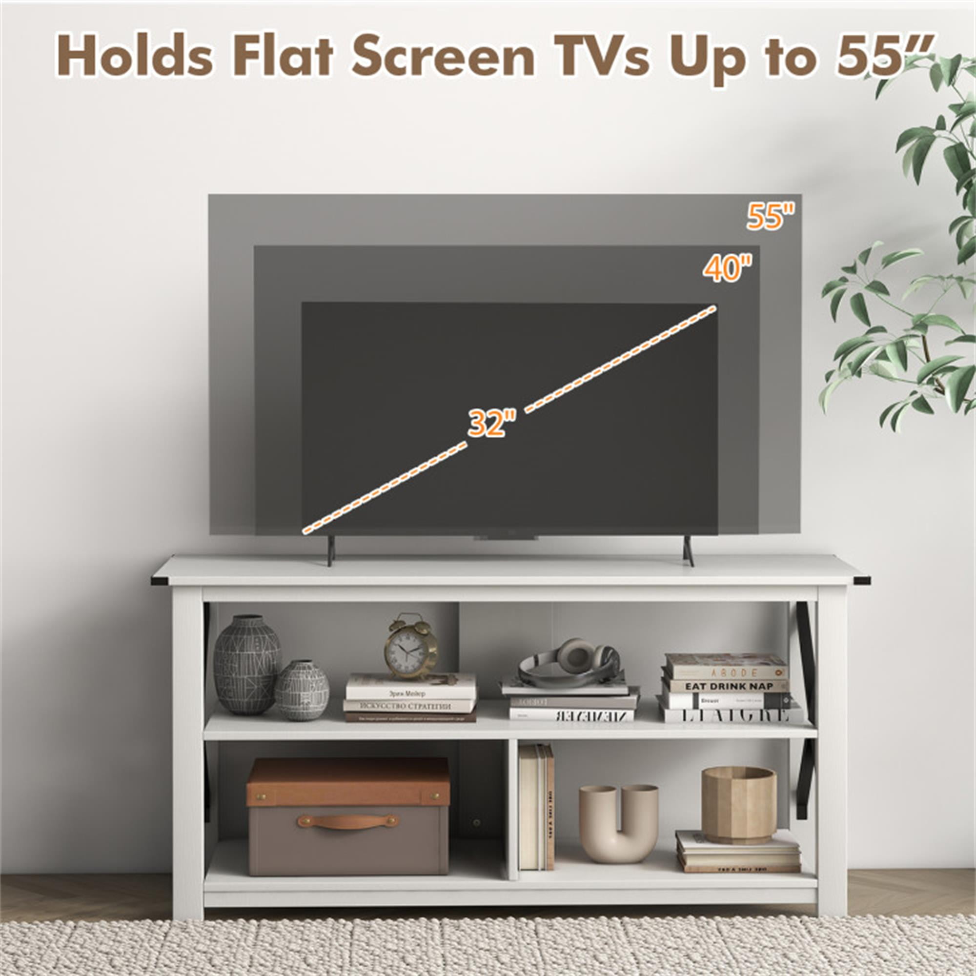 Demi Bonn TV Cabinet, 3 Tier Wood TV Stand for 55" with Open Shelves and X-Shaped Frame, Media Entertainment Center with Storage, for Living Room, Bedroom, White