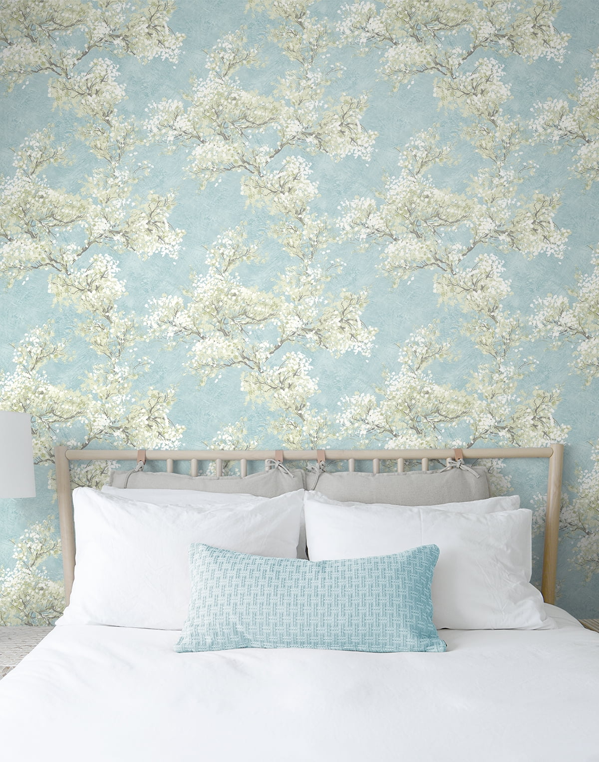 NextWall  Cherry Blossom Grove and Stick Wallpaper 20.5 in. W x 18 ft. L - Blue Mist & Green Tea