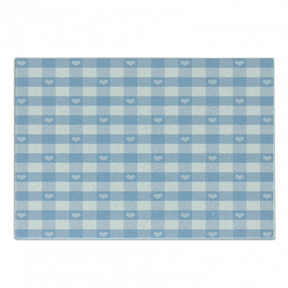 Checkered Cutting Board, Gingham Motif with Little Hearts Pastel Blue Shower Theme, Decorative Tempered Glass Cutting and Serving Board, Small Size, Pale Blue White, by Ambesonne