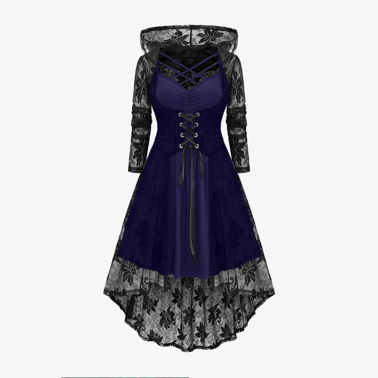 FAVIPT Gothic Lace Up Dresses for Women Two Piece Flare Vintage Dress  Halloween Witch Cosplay Maxi Costume Victorian Corset Hooded Ball Gown  Purple,S - Walmart.com