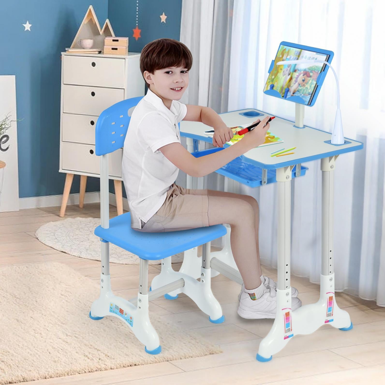 Height Adjustable Kids Desk and Chair Study Desk Set with Tilt Desktop, Bookstand, LED Light
