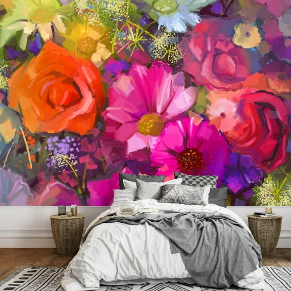 wall26 - Still Life of Yellow and red Colour Flowers .Oil Painting a Bouquet of Rose - Removable Wall Mural | Self-Adhesive Large Wallpaper - 66x96 inches
