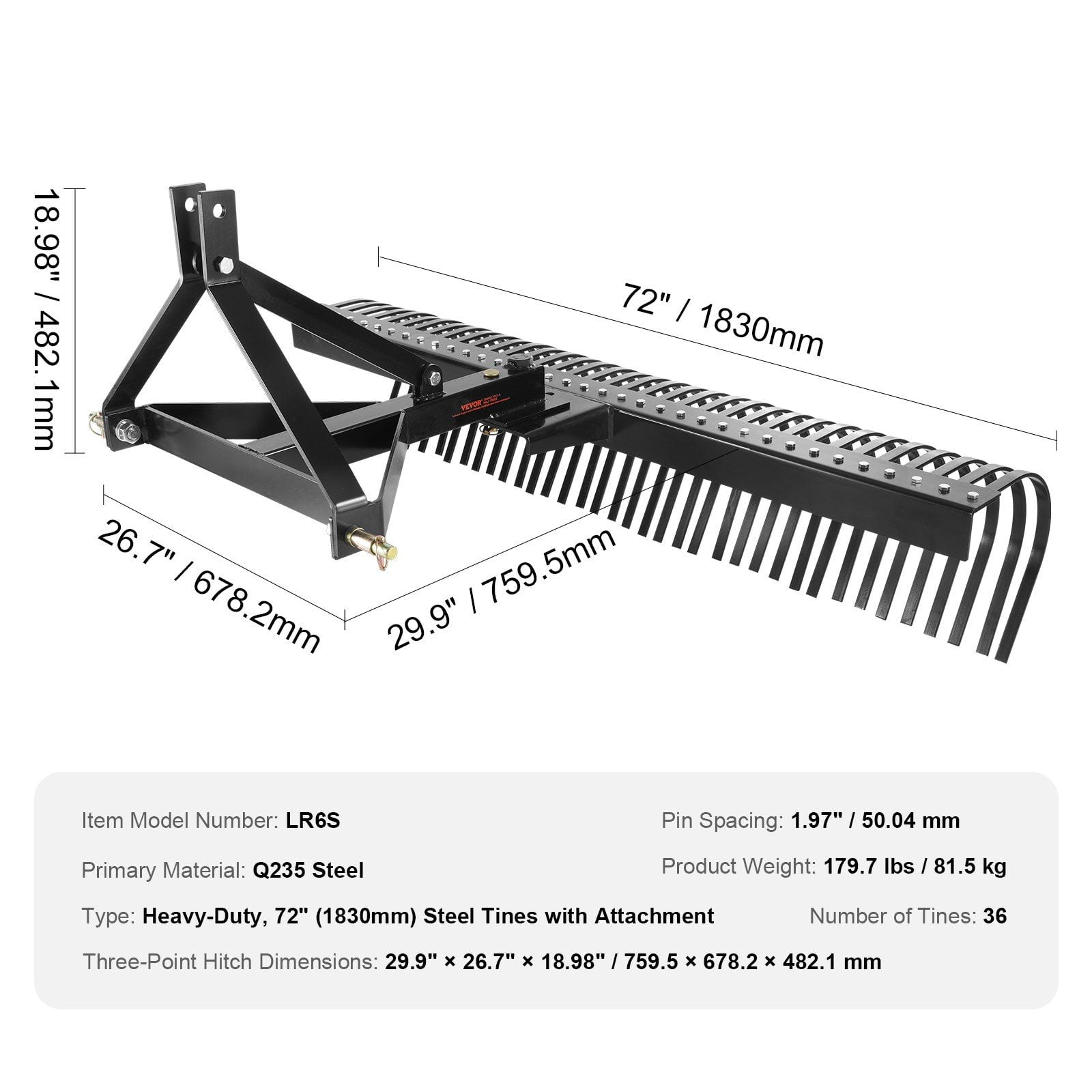 Wide 72-inch Tow Behind Dethatcher Rake, 3-Point Hitch Tractor Attachment with 36 Steel Tines for Grass & Soil
