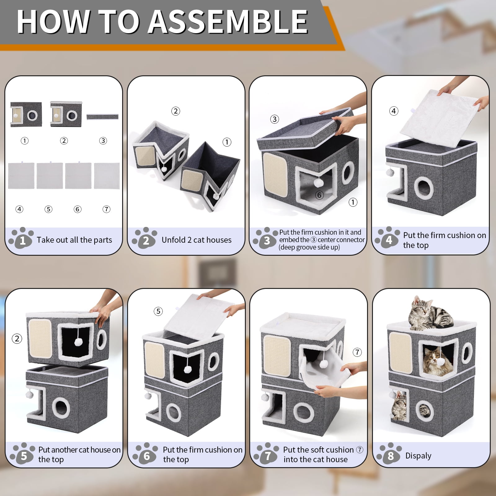 Cat Bed for Indoor Cats 2-Storey Cat House,Covered Cat Cave Beds&Furniture with Scratch Pad and Hideaway Condo