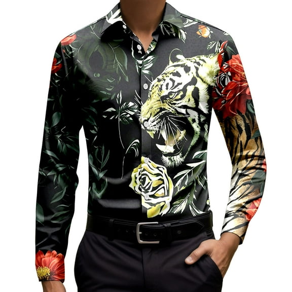 Mens Shirt Tiger Floral Printed Long Sleeve Comfortable Button Down Collared Tops Slim Fit Fashion Party Free Men's Dress Shirts