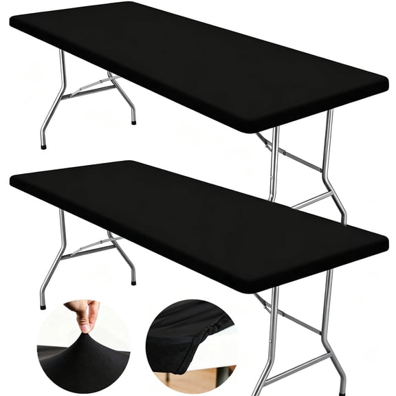 2 Pack Black 6FT Spandex Fitted Tablecloth, 30"x72" Stretch Waterproof Washable Elastic Rectangle Table Cover for Party Kitchen Patio