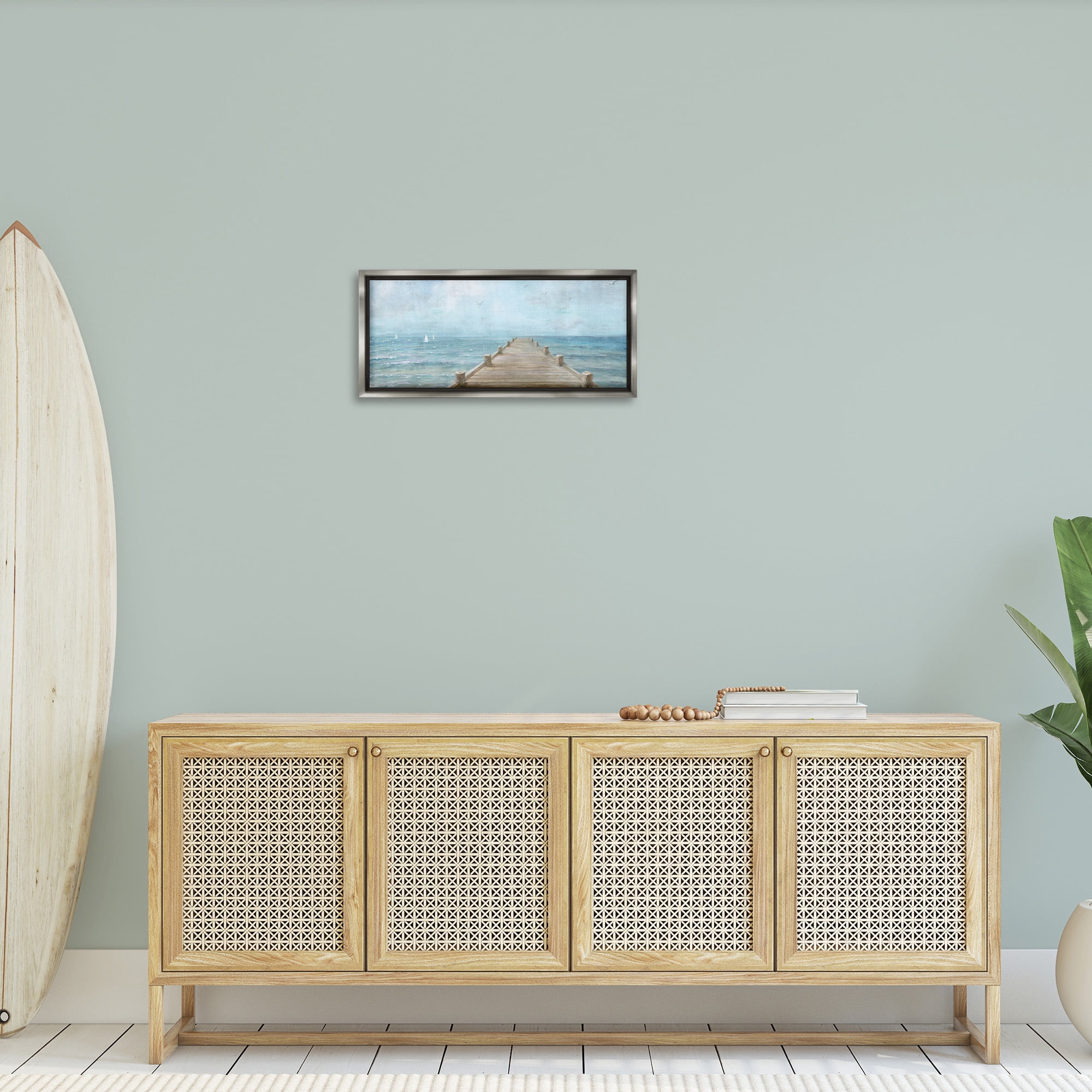 Stupell Industries Waterfront Pier Coastal Ocean View Nature Painting Gray Floater Framed Canvas Art Print Wall Art, 25 x 11