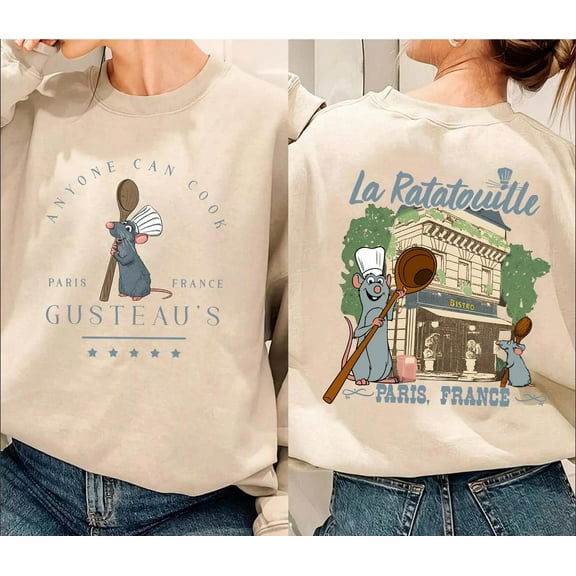 Disney Font And Back Cartoon Rat Sweatshirt, Retro Mouse Cooking Paris & France Sweatshirt, Mouse Chef, Anyone Can Cook, Little Chef, S-3XL Sweatshirt