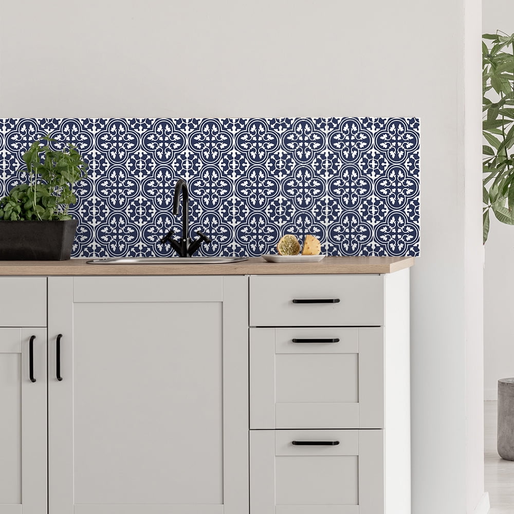 Encaustic Peel and Stick Backsplash, Blue Patterned Stick on Tile, Self-Adhesive Wall Tile Sticker for Kitchen Bathroom Fireplace Stairs, 9 Sheets