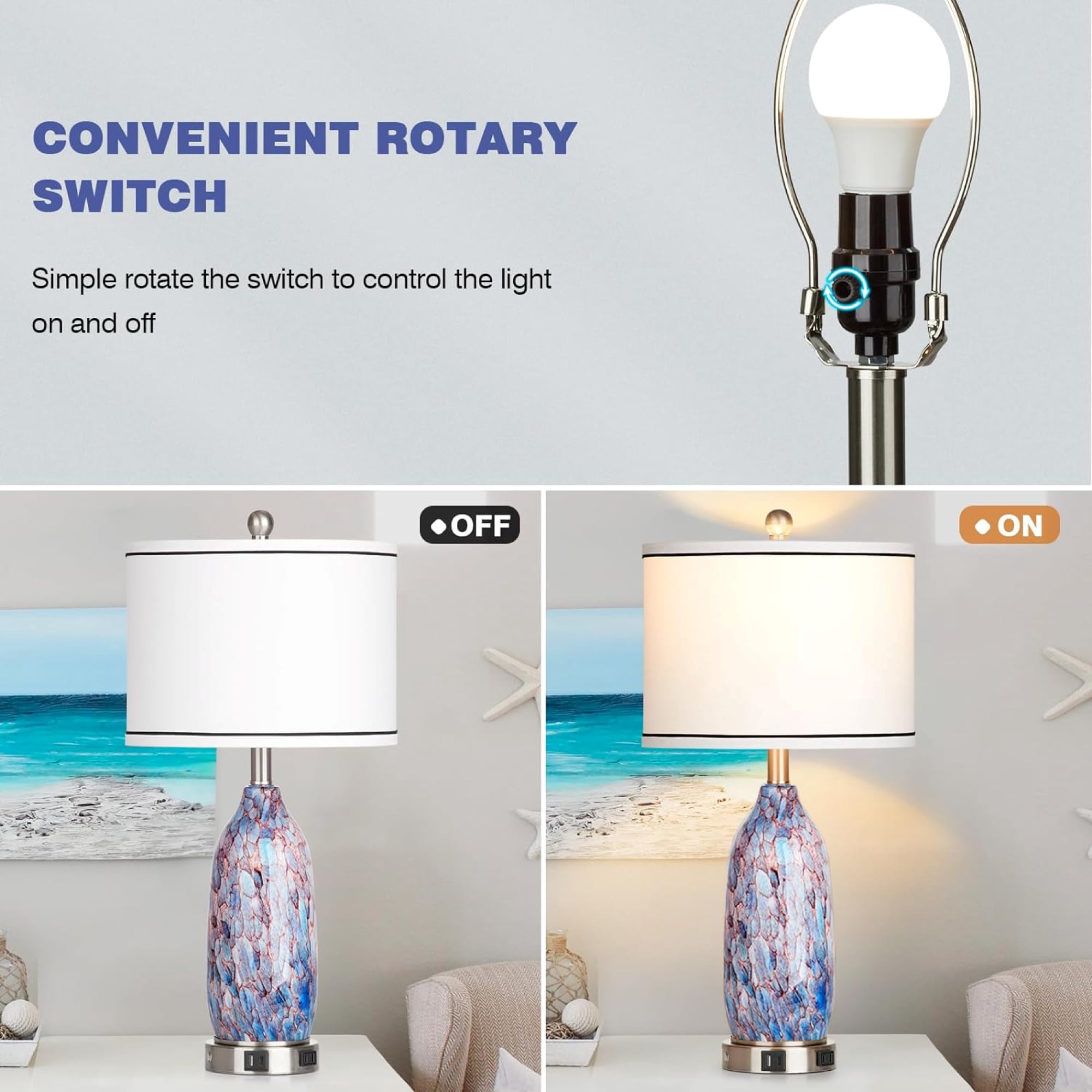 Cinkeda Cosatal Glass Table Lamps Set of 2 for Living Room Bedroom 3 Way Dimmable Touch Control Bedside Nightstand Lamp with USB A+C Ports AC Outlet Nightlight