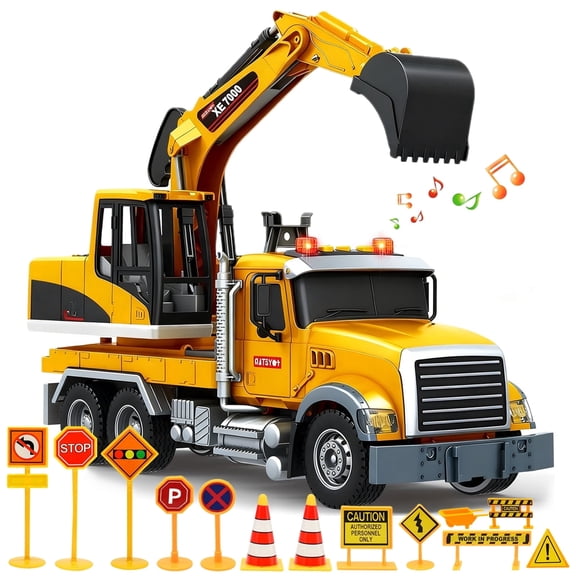 PMHZI Large Excavators Toys for Boys 3-5, 15-Piece Construction Vehicle Truck Set with Sound & Light, 360° Rotating, Birthday Gift