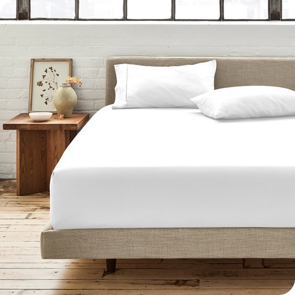 Bare Home Sábana Ajustable 100 % Algodón Orgánico, Tejido de Percal, 300 Hilos, Tamaño Completo, Color Blanco