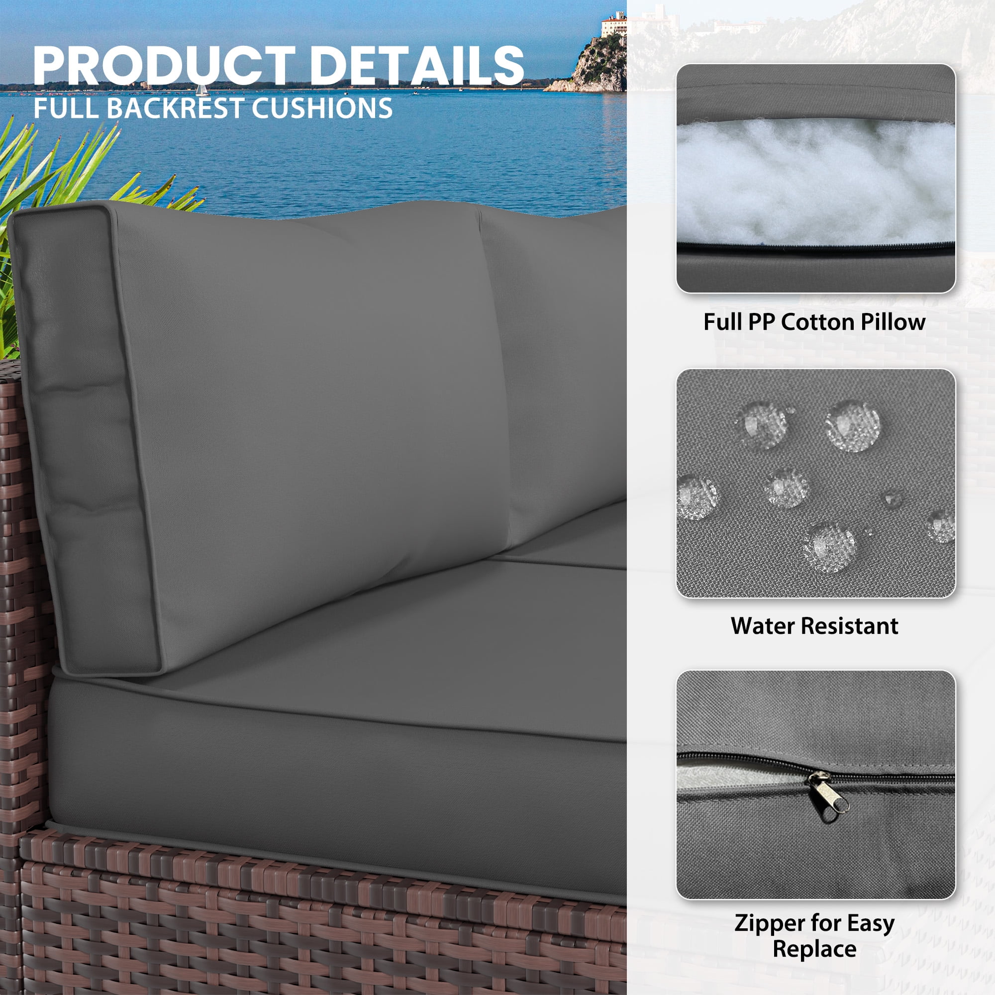 MRUAKA Outdoor Cushions for Patio Furniture, 7-Piece Replacement Cushions for Outdoor Furniture, Water-Resistant Patio Cushions, Outdoor Couch Cushions for 4-Seat Outdoor Sectional Sofa (Grey)