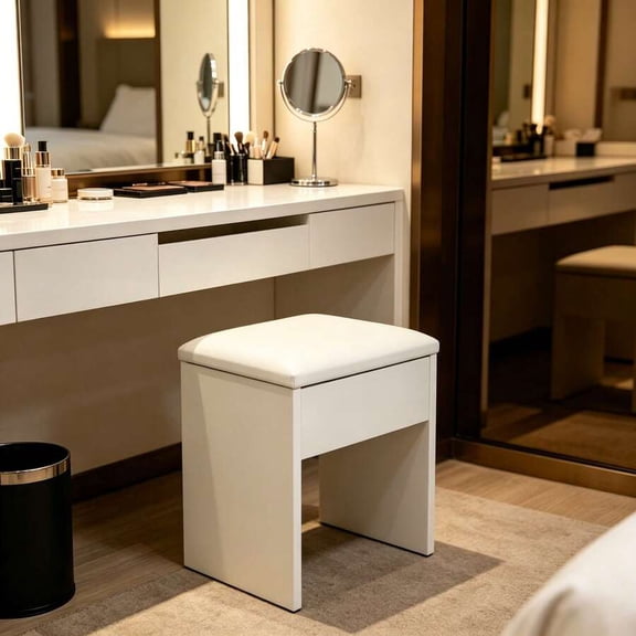 White 2-In-1 Vanity Stool With Flip-Top Hidden Storage, Padded Seat Makeup Stool For Bedroom
